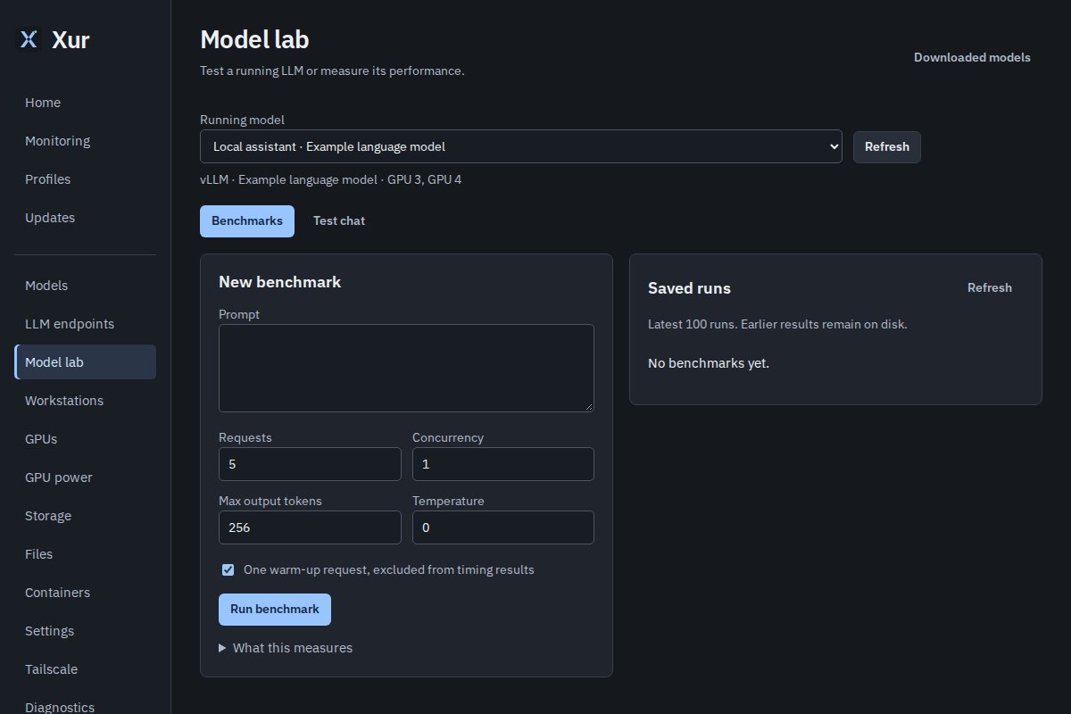 Model lab showing the model selector, benchmark settings, saved runs and Test chat tab.