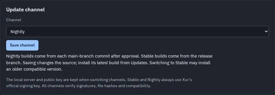 Settings update-channel selector set to Nightly with a Save channel button.