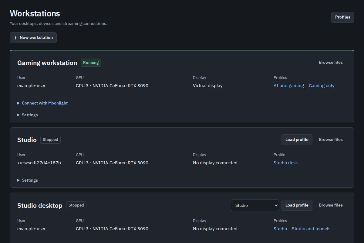 Workstation cards showing running and stopped desktops, assigned GPUs and management controls.